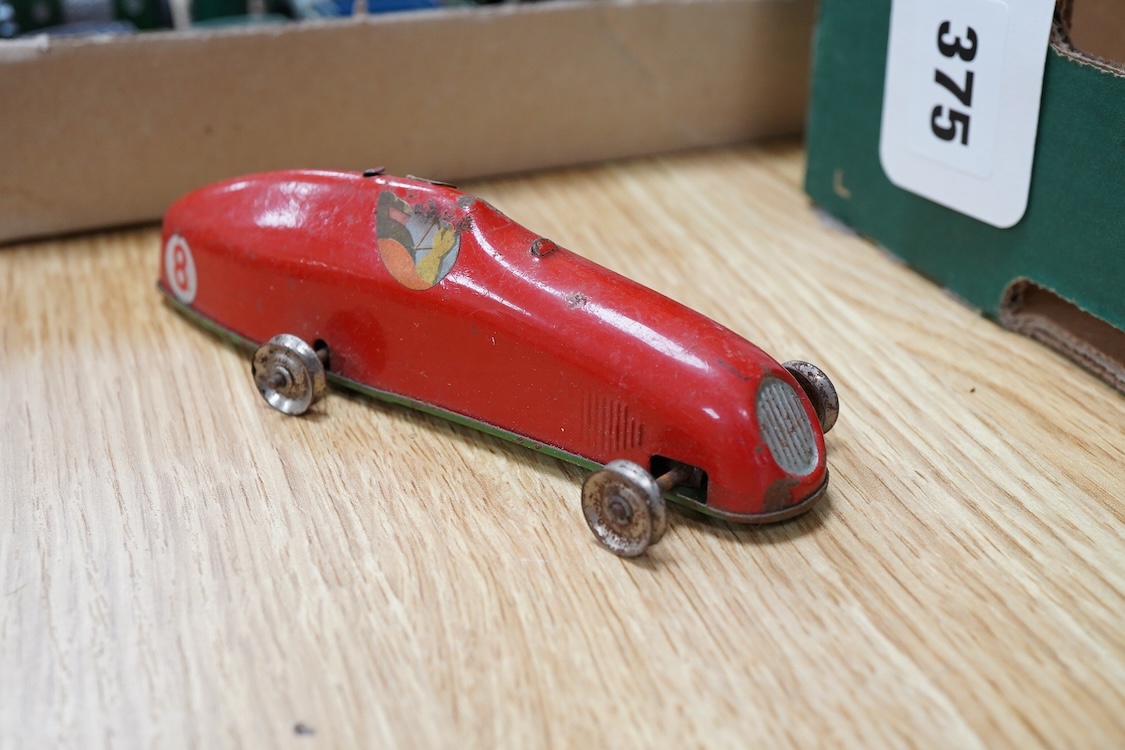 Twenty-seven Dinky Toys and Tri-ang Minic clockwork tinplate vehicles, including Dinky 38 and 39 series British and American cars, a Foden DG flatbed, a Tri-ang Minic double deck London Transport bus, two refuse wagons,
